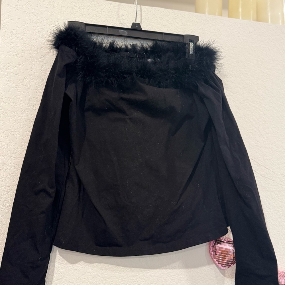 Black Off-Shoulder Top with Faux Fur Trim